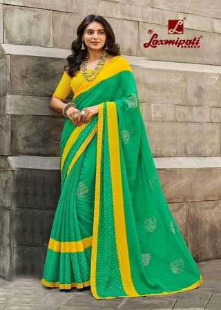 Green Color Foil Print Chiffon Saree With Fancy Border And Fancy Blouse Piece