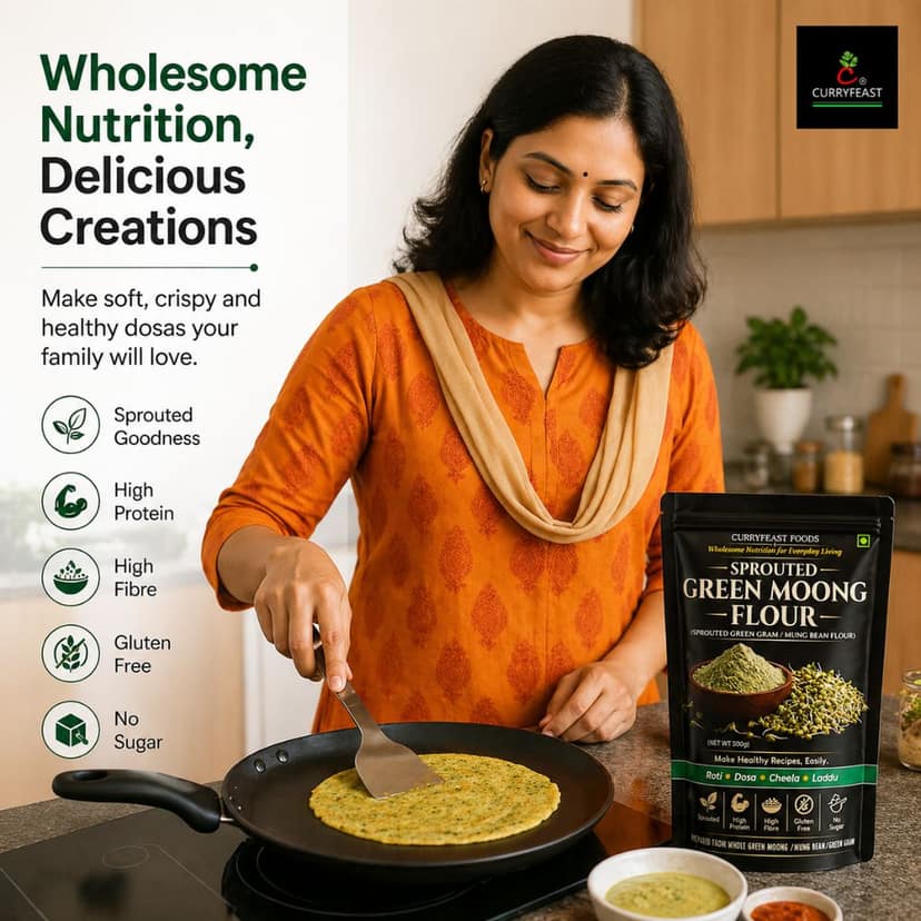 CURRYFEAST Sprouted Green Moong Flour / Sprouted Green Gram Flour / Instant Chiila Flour / Gluten Free / Super Healthy view 3