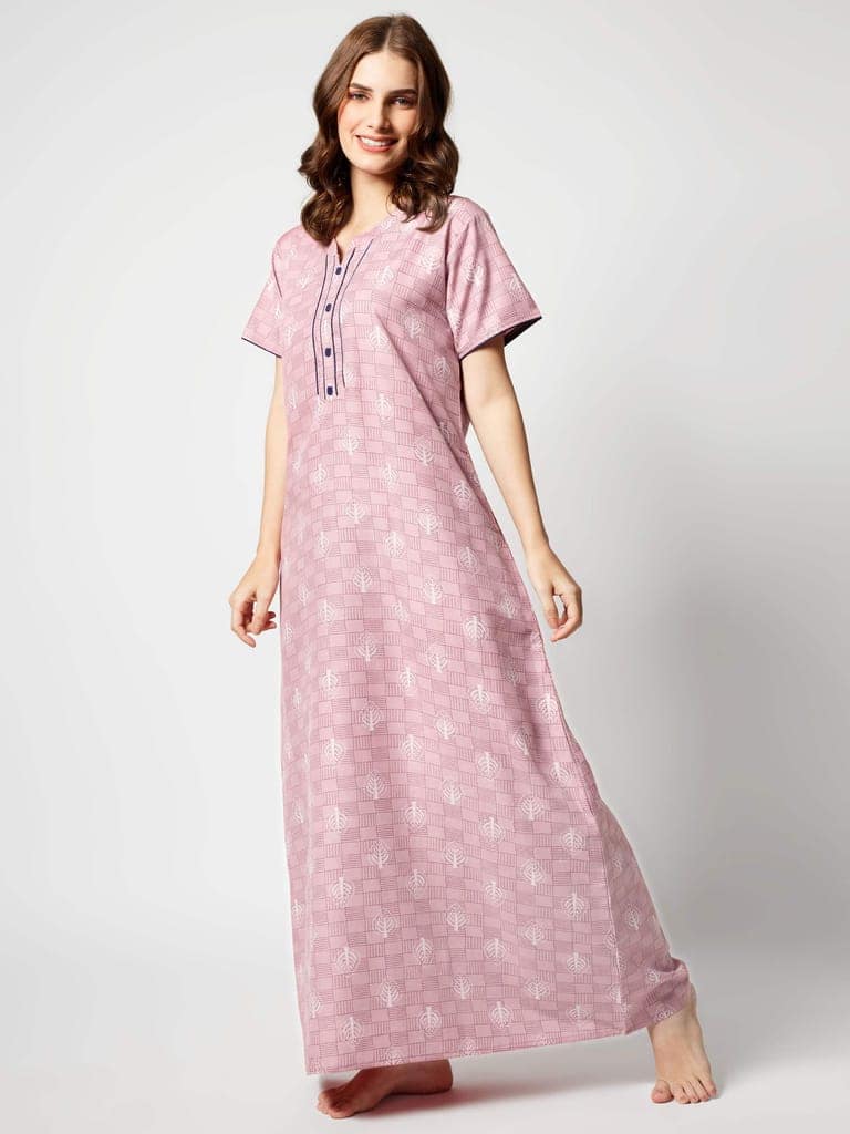 Zeyo Women Micro Polyester Light Blue Leaf Print Nighty view 3