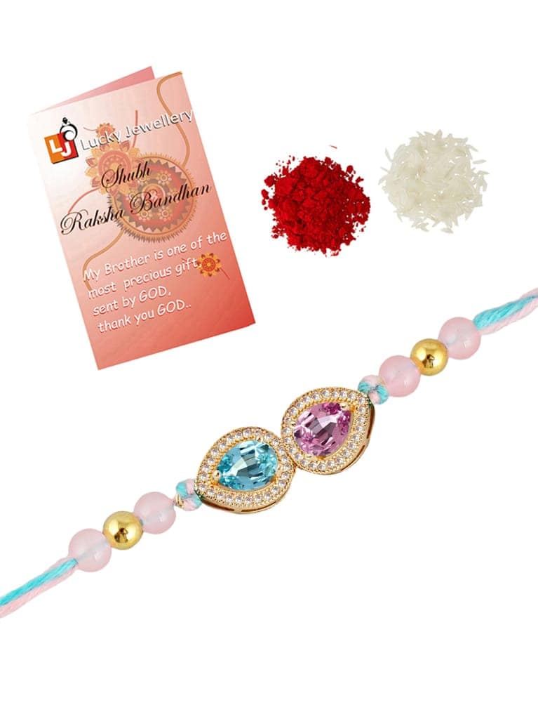 Lucky Jewellery Designer Pink & Turquoise Color Stone Rakhi - Rakshabandhan Pearl Rakhee Bracelet for Brother/Bhaiya/Bhai/Bhabhi - Pack of 1 (176-CHR1-1279-PKF-1) view 3