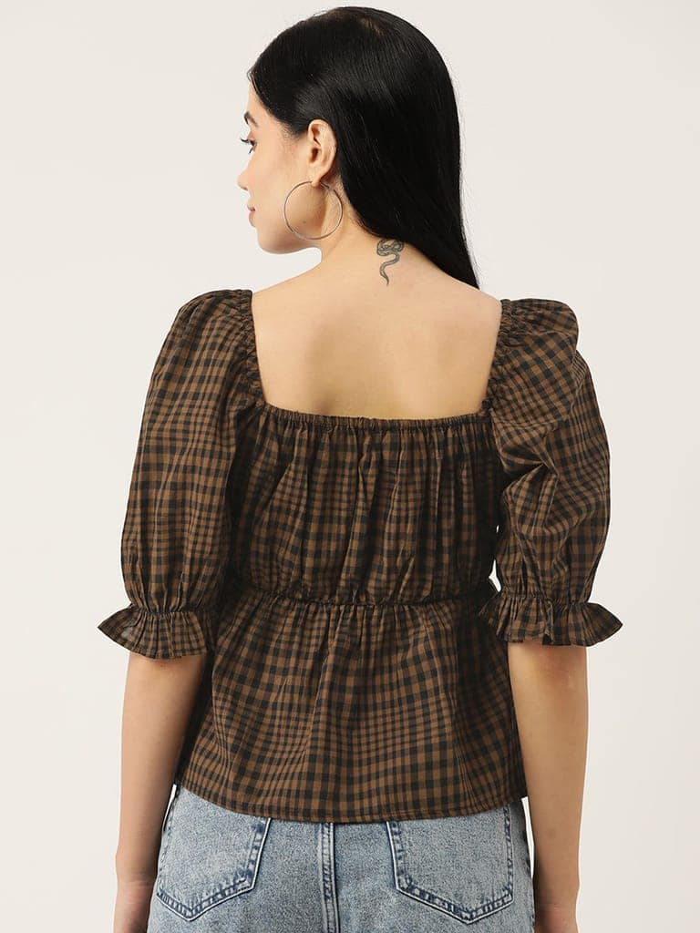 Pink & White Checked Sweetheart Neck Blouson Top view 4
