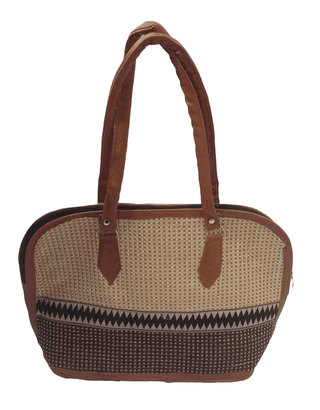 Handwoven Jute Tote Bag with Leather Handles and Geometric Print