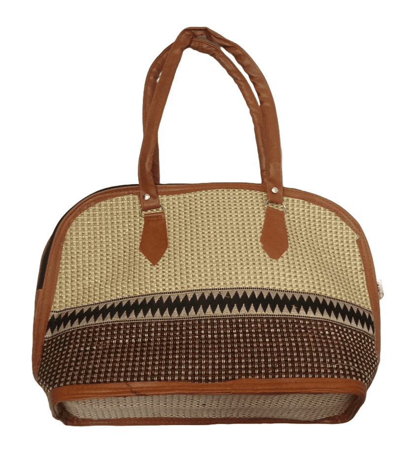 Handwoven Jute Tote Bag with Leather Handles and Geometric Print view 2