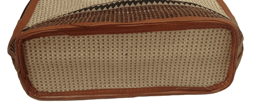 Handwoven Jute Tote Bag with Leather Handles and Geometric Print view 4