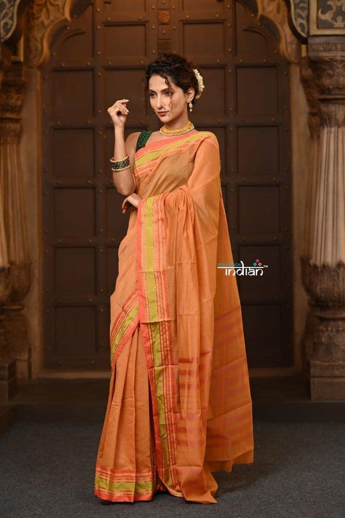 Parampara ~ Cotton Blend Saree in Regal Beige Orange with Exclusive Zari Border & Pallu view 2