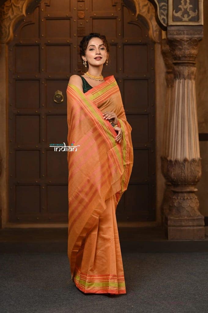 Parampara ~ Cotton Blend Saree in Regal Beige Orange with Exclusive Zari Border & Pallu view 3