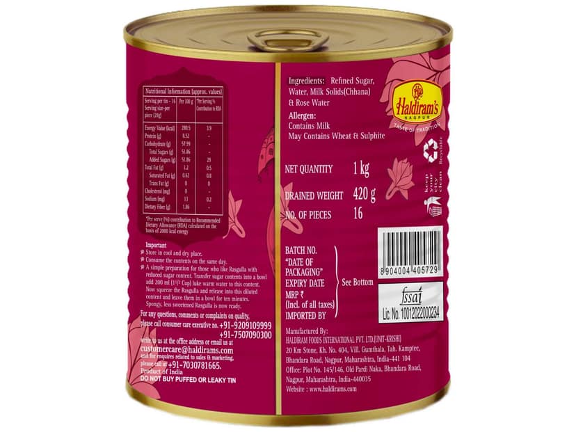 Haldiram's Rasgulla Tin Sweets - 1 Kg view 2