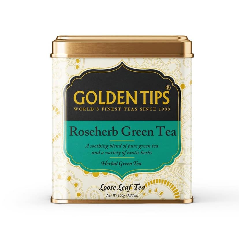 Golden Tips TEA | Healthy/Natural and Organic Loose Leaves Rose-Herb Green Tea Tin Can (100 Gram, 50 cups)