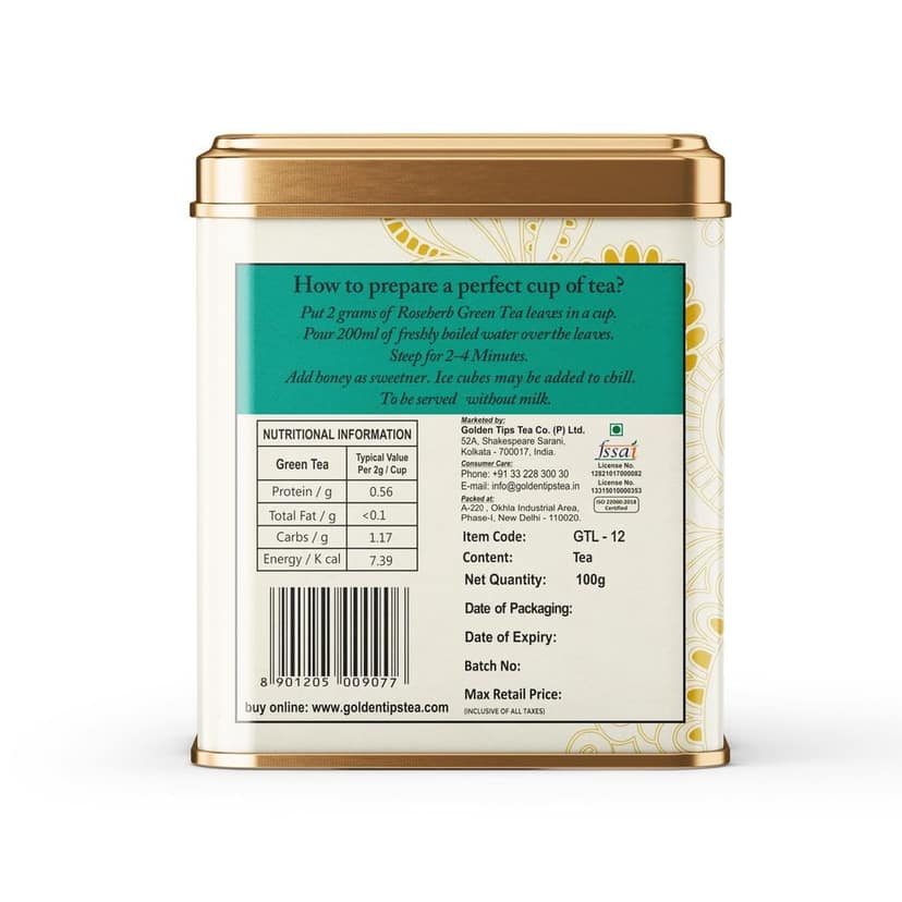 Golden Tips TEA | Healthy/Natural and Organic Loose Leaves Rose-Herb Green Tea Tin Can (100 Gram, 50 cups) view 2
