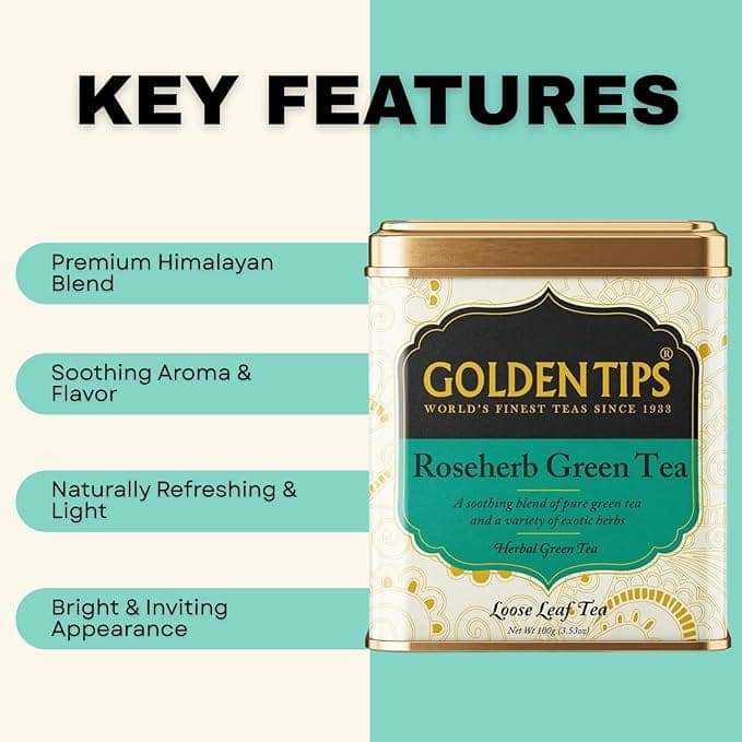Golden Tips TEA | Healthy/Natural and Organic Loose Leaves Rose-Herb Green Tea Tin Can (100 Gram, 50 cups) view 6