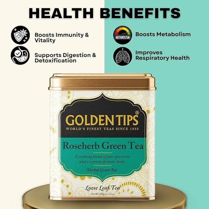 Golden Tips TEA | Healthy/Natural and Organic Loose Leaves Rose-Herb Green Tea Tin Can (100 Gram, 50 cups) view 7
