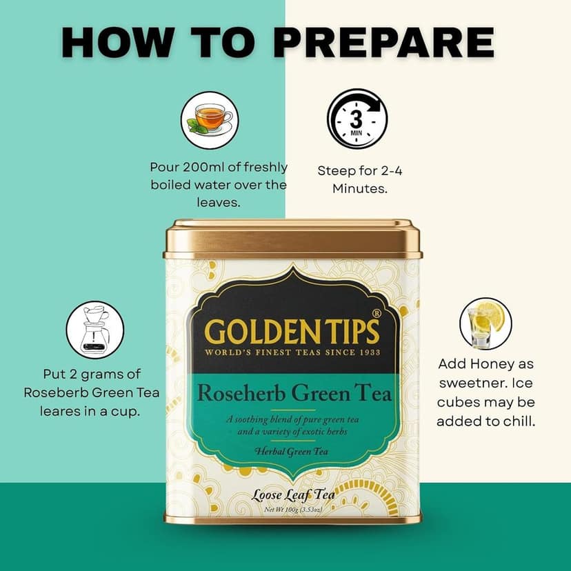 Golden Tips TEA | Healthy/Natural and Organic Loose Leaves Rose-Herb Green Tea Tin Can (100 Gram, 50 cups) view 8