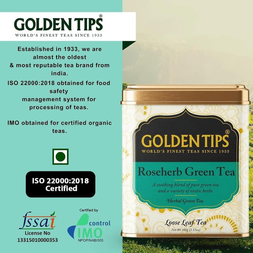 Golden Tips TEA | Healthy/Natural and Organic Loose Leaves Rose-Herb Green Tea Tin Can (100 Gram, 50 cups) view 9