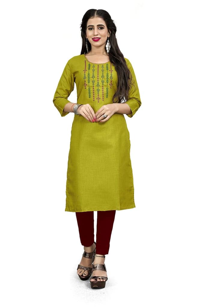 STYLEOO Ruby Slub Embroidered Straight Kurta/kurties for Women and Girls Pack of 3, CREAM, LIGHT GREEN & MUSTARD ( M, L, XL, XXL) view 4