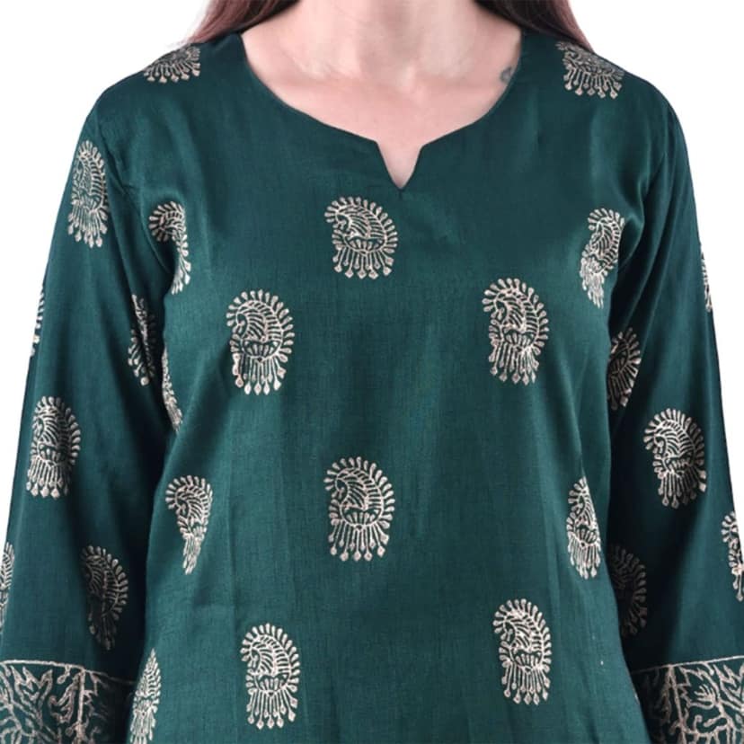 Women's Rayon Cotton Mix Fabric Slint Stylish Hand Block Printed Kurti Green view 5