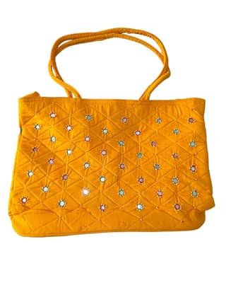 Quilted cotton tote bag with mirror work in yellow color