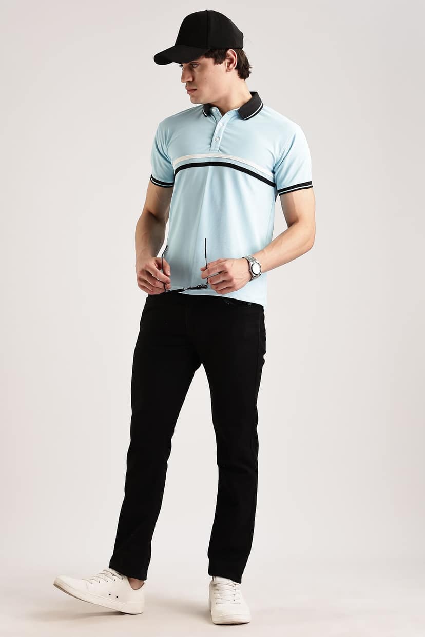 Polyester Sky Blue Striped Polo view 2