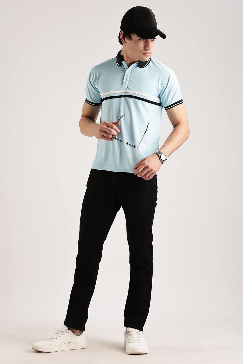 Polyester Sky Blue Striped Polo view 3