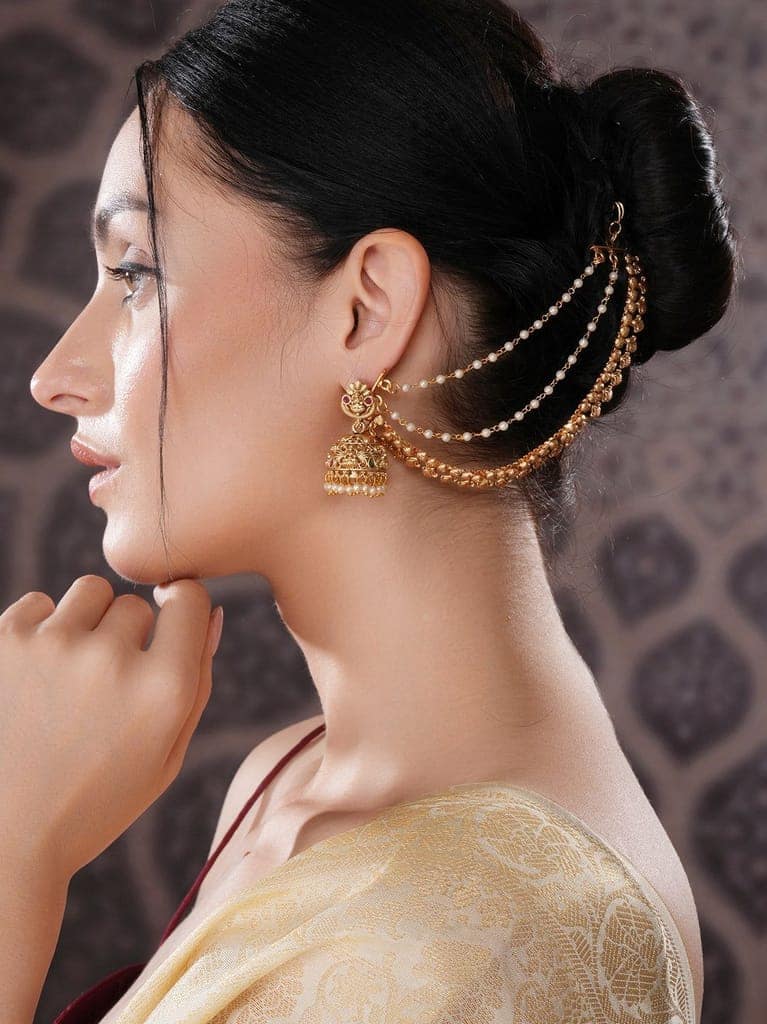 Gold Plated 3 Layered Pearls Matil Champaswaralu Temple Ear Chain Earrings view 2