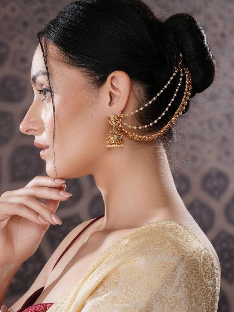 Gold Plated 3 Layered Pearls Matil Champaswaralu Temple Ear Chain Earrings view 3
