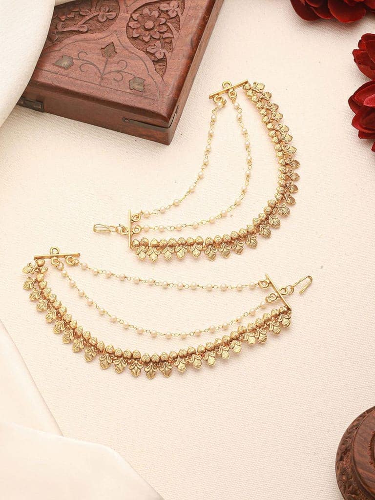 Gold Plated 3 Layered Pearls Matil Champaswaralu Temple Ear Chain Earrings view 6