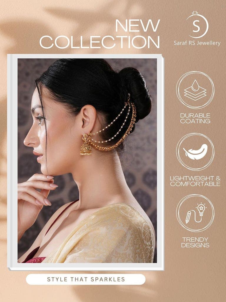 Gold Plated 3 Layered Pearls Matil Champaswaralu Temple Ear Chain Earrings view 7