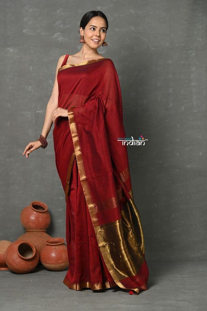 Tyohaar ~ Designer! High Quality Pure Mul Cotton Handloom Saree - Maroon view 2