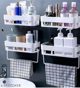 SUPER NEW 4PC Bathroom Shelf Adhesive Wall Mount + 2 Towel Hanger