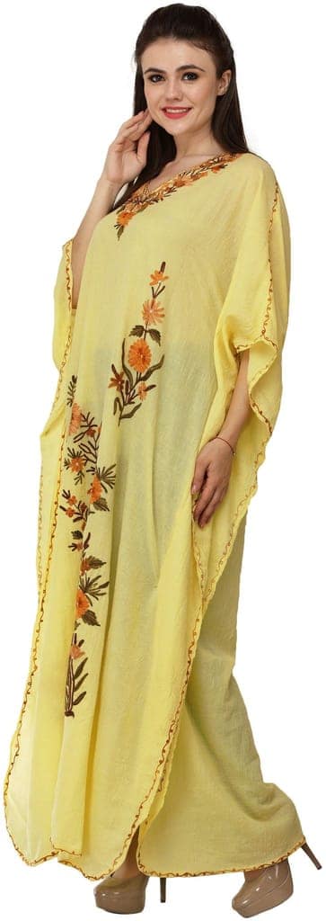 Pastel-Yellow Crushed Kashmiri Kaftan with Aari Embroidered Multicolored Flowers view 2