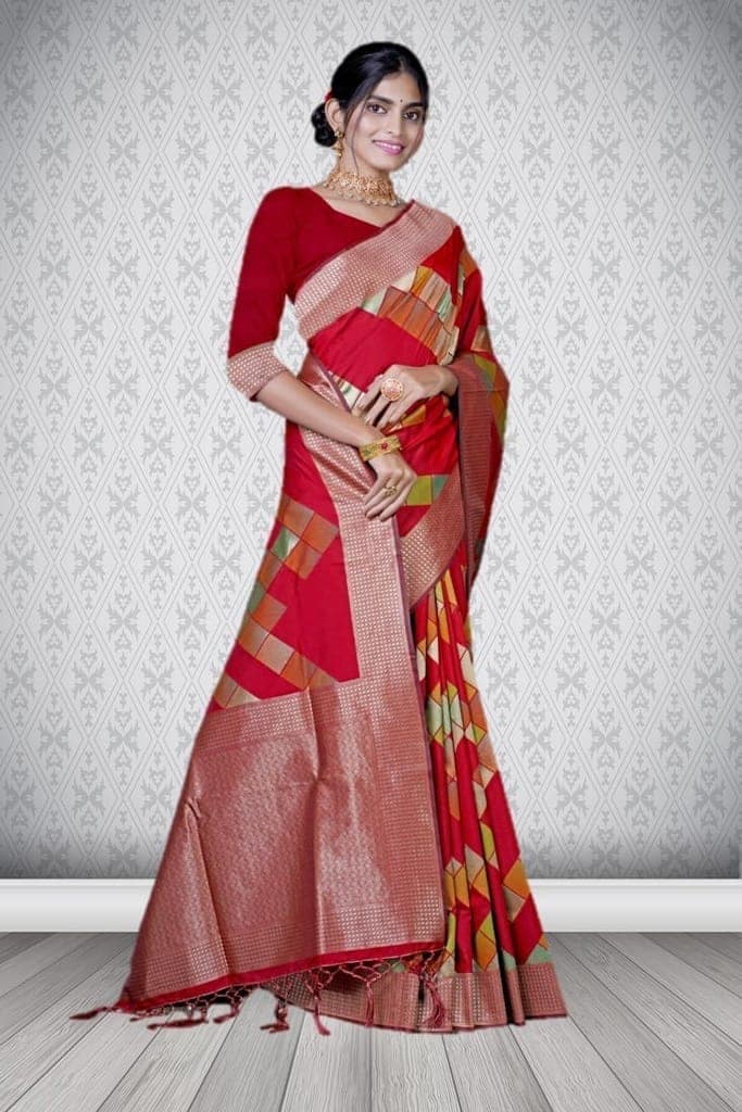 Designer Silk Saree Red view 3