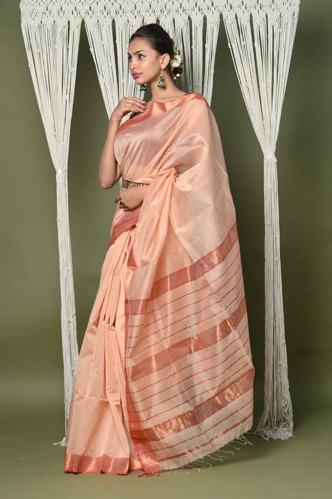 Handloom Cotton Silk Maheshwari Saree With Sleek Golden Border~beige view 2