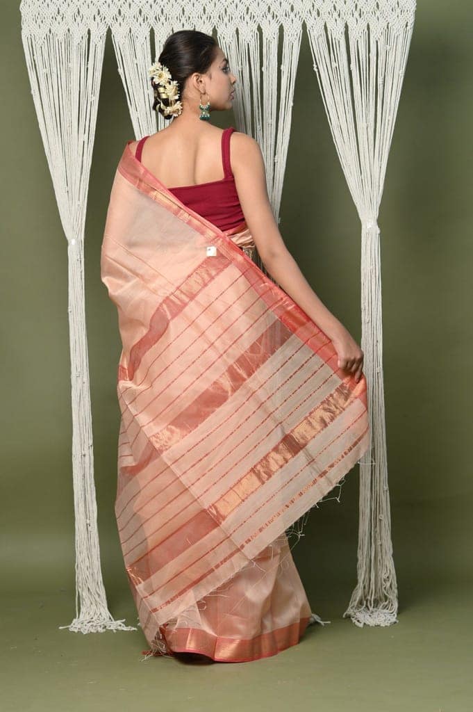 Handloom Cotton Silk Maheshwari Saree With Sleek Golden Border~beige view 3