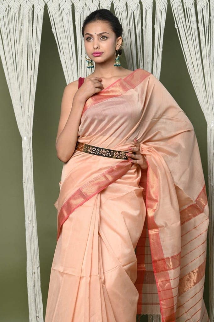 Handloom Cotton Silk Maheshwari Saree With Sleek Golden Border~beige view 4