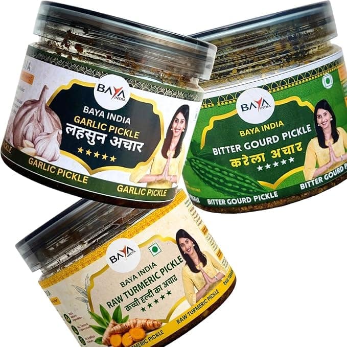 Baya India Healthy Trio Pickle Combo (750g) | Kacchi Handi, Karela & Garlic (Lehsun) Pickle | 250g Each | Traditional Homemade Taste | No Artificial Preservatives view 2