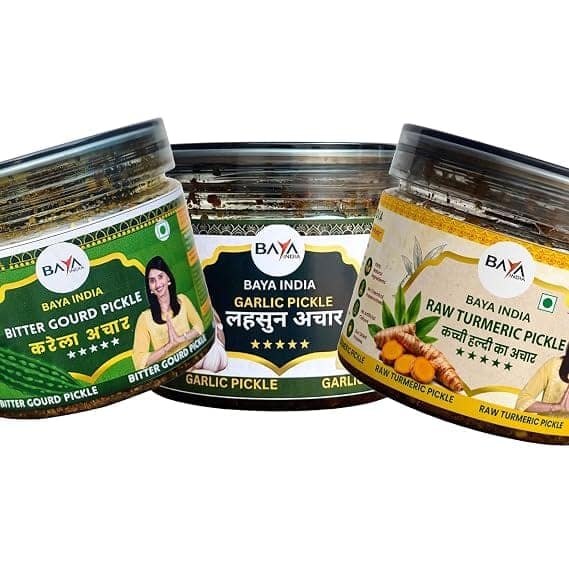 Baya India Healthy Trio Pickle Combo (750g) | Kacchi Handi, Karela & Garlic (Lehsun) Pickle | 250g Each | Traditional Homemade Taste | No Artificial Preservatives view 3
