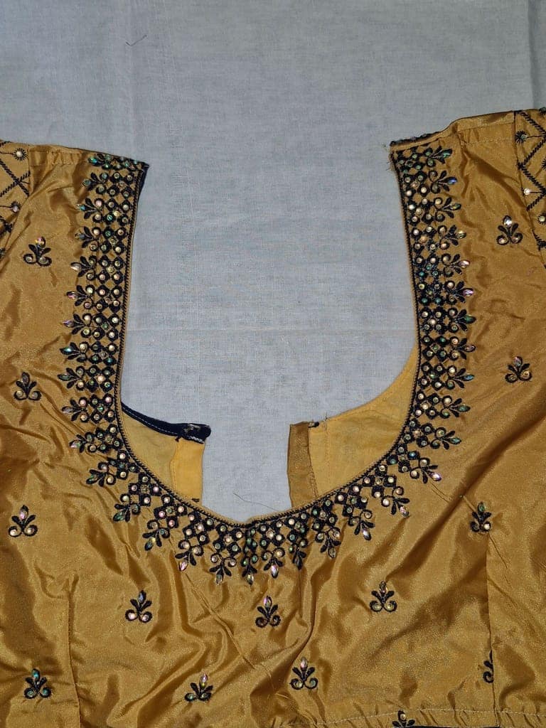 Golden silk embroidered blouse with elbow sleeves view 2