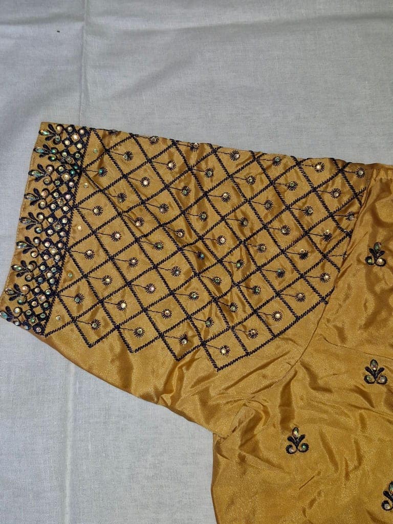 Golden silk embroidered blouse with elbow sleeves view 3