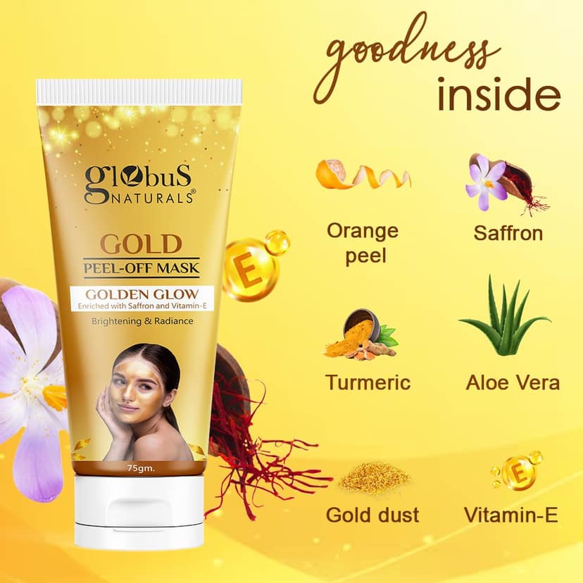Globus Naturals Gold Peel Off Mask For Golden Glow, Enriched with Saffron & Vitamin-E, Brightening & Radiance, Suitable For All Skin Types, 75 g view 3