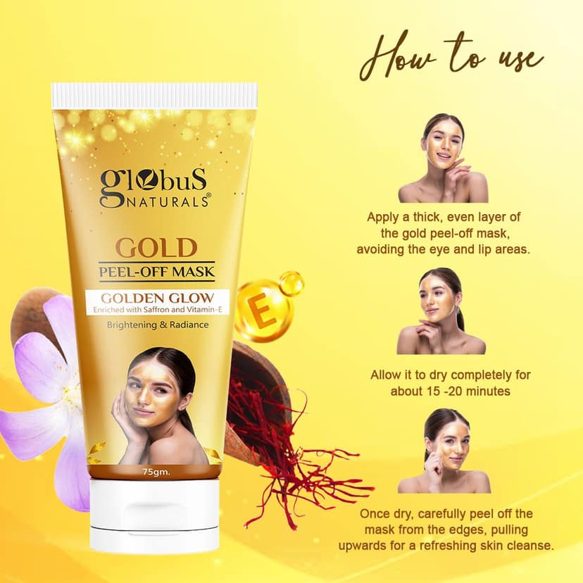 Globus Naturals Gold Peel Off Mask For Golden Glow, Enriched with Saffron & Vitamin-E, Brightening & Radiance, Suitable For All Skin Types, 75 g view 4