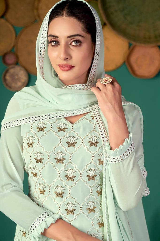 Green Georgette Heavy Embroidery Foil Mirror Work With Four Side Lace Dress Material view 4