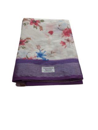 Floral Print Pure Linen Saree With Blouse Piece In Purple Color Small Border