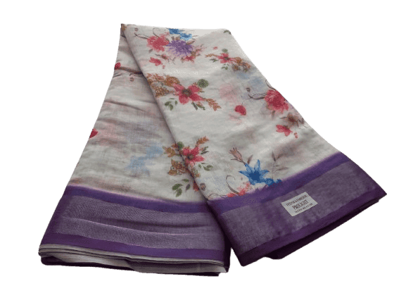 Floral Print Pure Linen Saree With Blouse Piece In Purple Color Small Border view 2