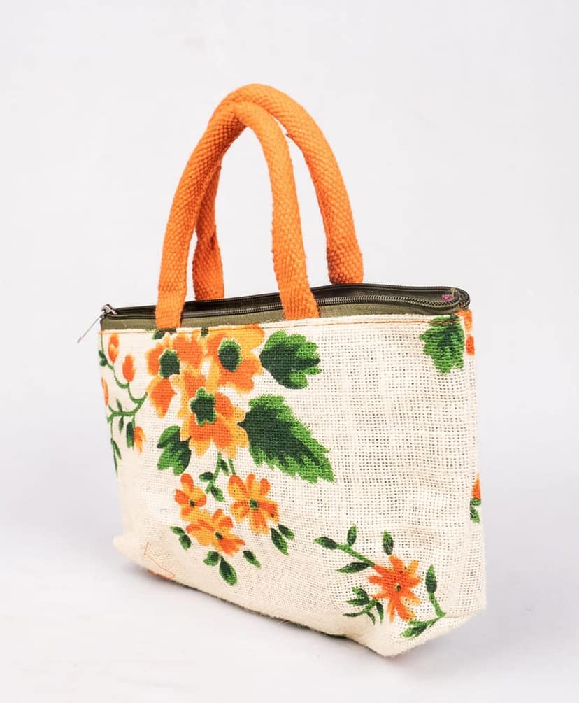 Floral print small jute tote bag with orange handles view 2