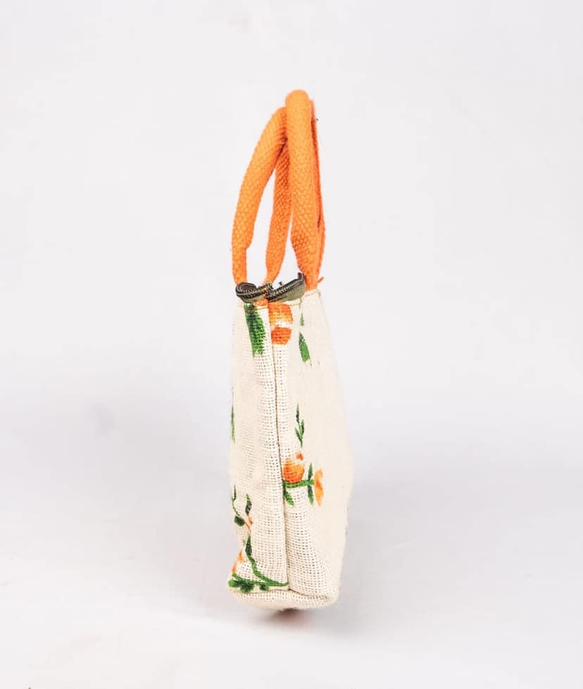 Floral print small jute tote bag with orange handles view 3