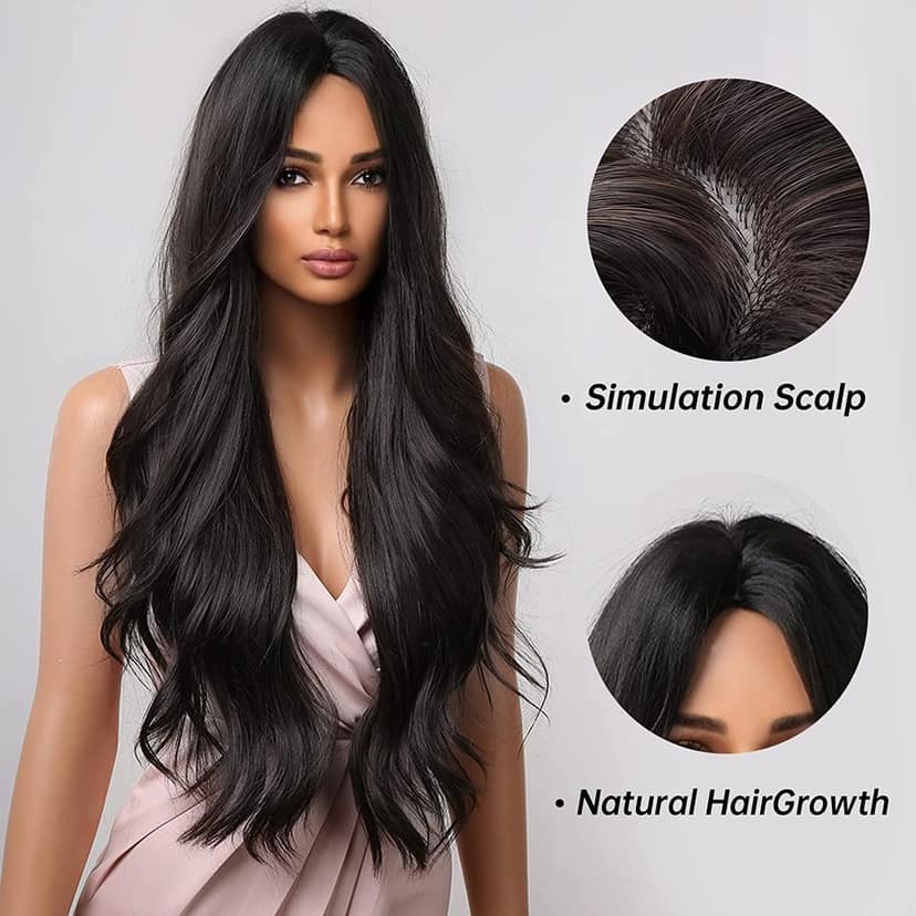 Akashkrishna Hair Wig Long Black Hair Wig for Women Curly Synthetic Hair Middle Part Hair Wig Heat Resistant Fiber (Black) view 3