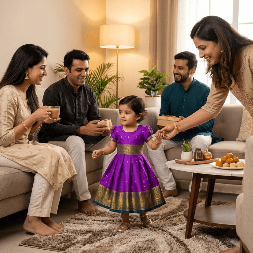 Mom and Me Baby Girl Satin Frock for Parties, Birthdays & Weddings | Elegant Toddler Dress with Balloon Sleeves & Zipper Closure | Age 0-2 Years (in, Age, 6 Months, 12 Months, Purpal) view 3