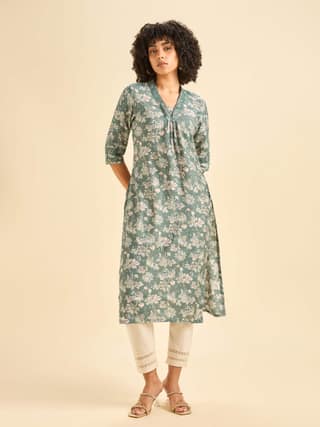 Pista Green Viscose Blend Printed Kurti With Embroidery