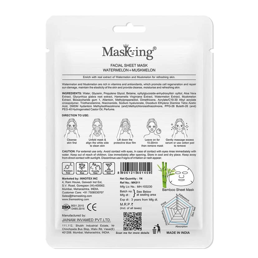 MasKing Bamboo Facial Sheet Mask of Watermelon & Muskmelon for Skin Refreshing Ideal for Women & Men 20ml, (Pack of 1) view 2