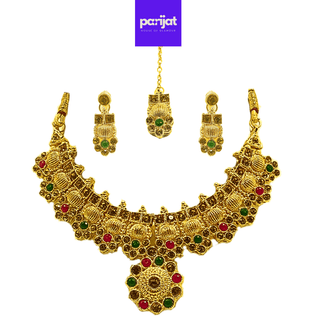 Parijat Elegant Luxury Handcrafted Gold Plated Necklace Jewellery Set with Earrings And Mangtika, AD, Multi Coloured Stone