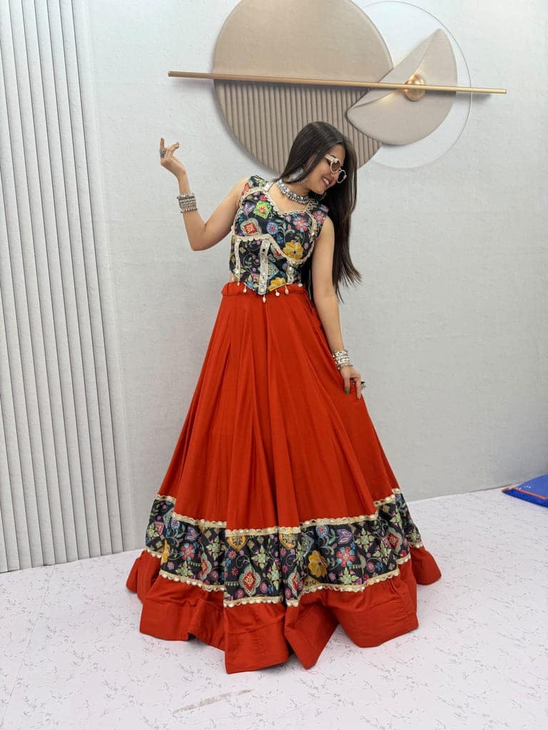 Red-Orange Festival Wear Lehenga Choli with 6-Meter Big Flair & Mirror Borders view 5